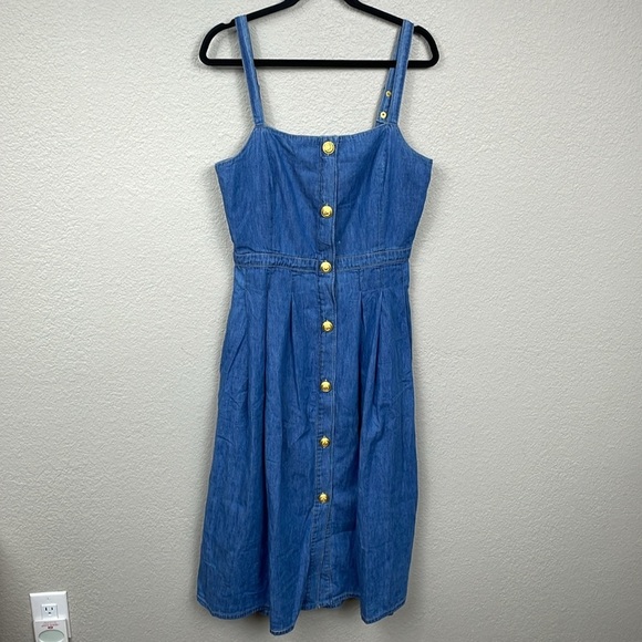 New L’Agence Denim Pleated Esmeralda Dress Button Front Blue Jean Stokes Sz 8 - Picture 4 of 16
